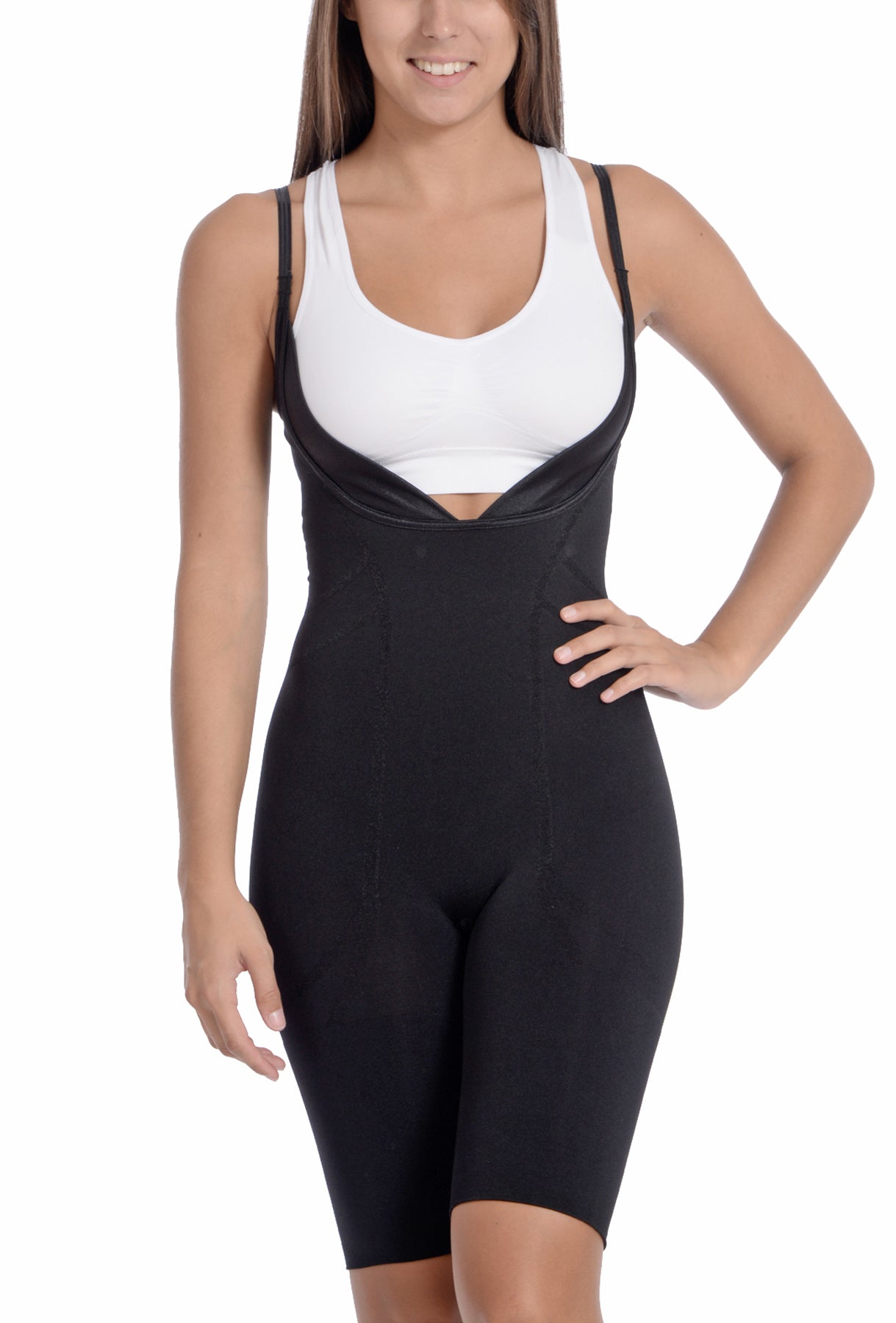Seamless "Wear your own Bra" Bodysuit shaper with extra long boyleg black