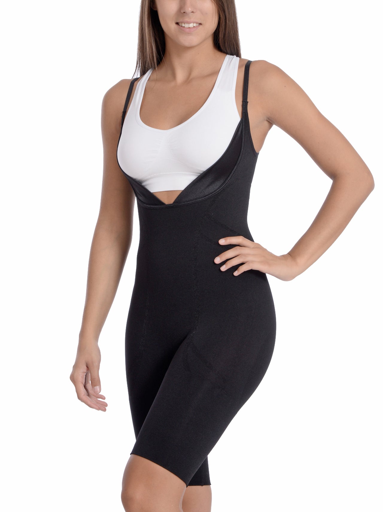 Seamless "Wear your own Bra" Bodysuit shaper with extra long boyleg black