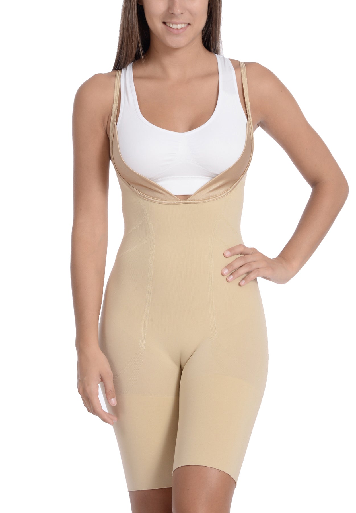 Seamless "Wear your own Bra" Bodysuit shaper with extra long boyleg nude