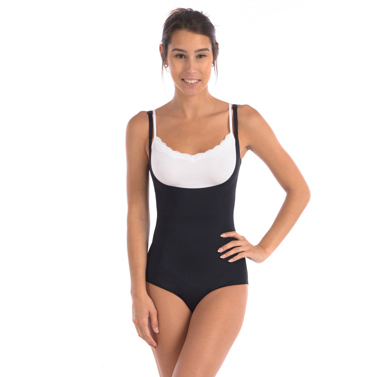 Wear Your Own Bra Bodysuit Shaper with Targeted Double Front Panel Bla –