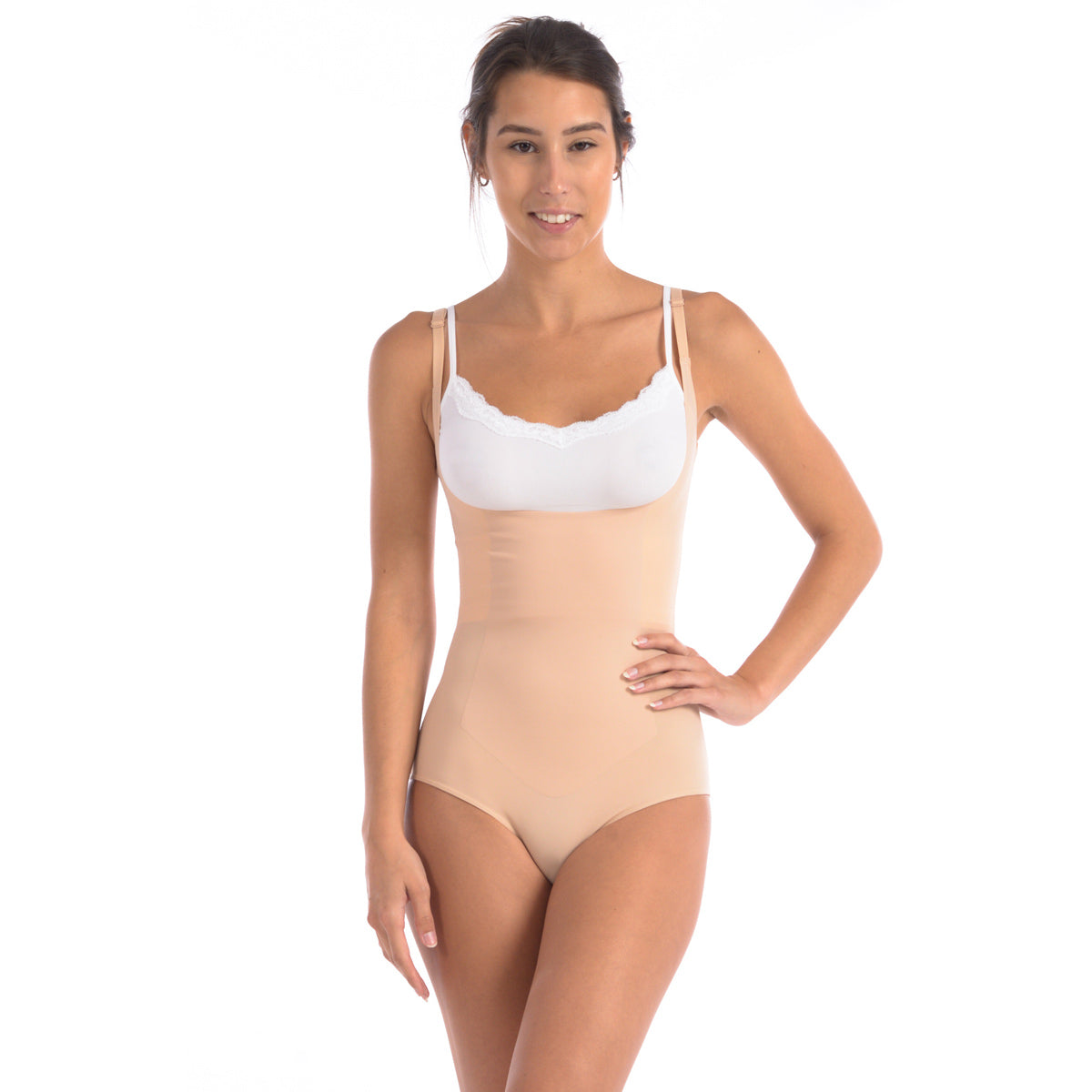 Wear your own Bra Bodysuit shaper with Targeted Double Front Panel Nud –