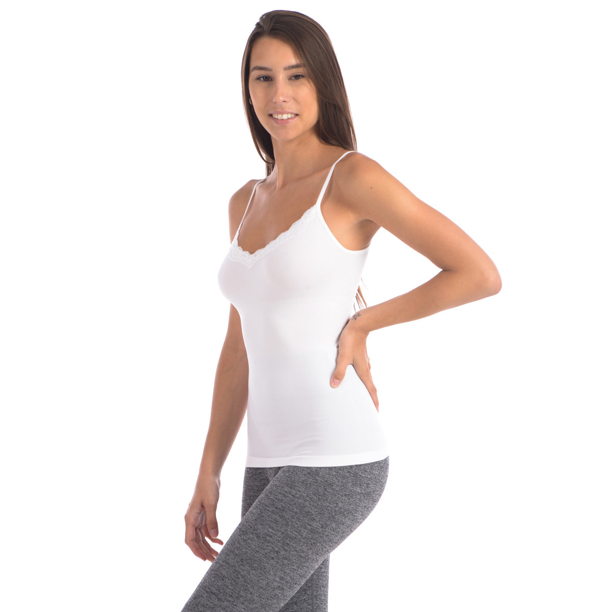 Seamless Slimming Camisole with Lace Trim at Neckline - White