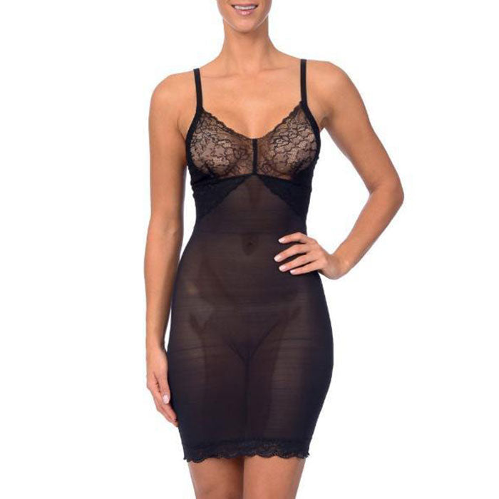 Hi Power mesh full body slip shaper with lace detail at bust black