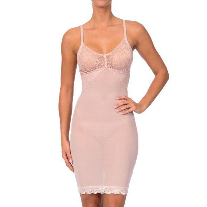 Hi power mesh full body slip shaper with lace detail at bust –
