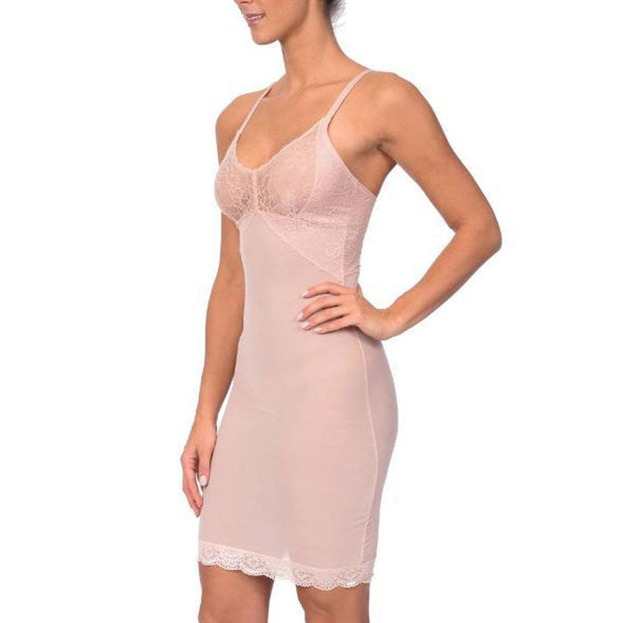 Hi power mesh full body slip shaper with lace detail at bust